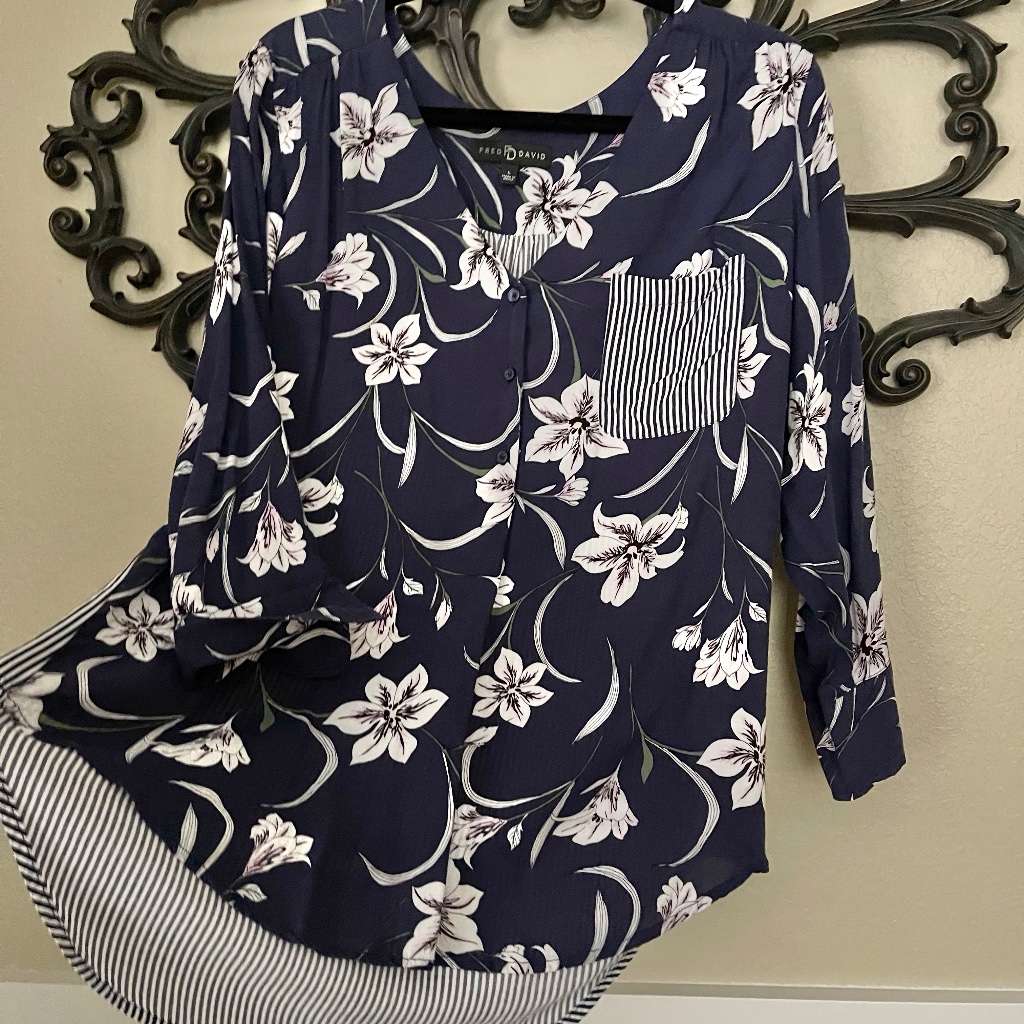Fred David Navy Blue And White Floral Stripe Blouse